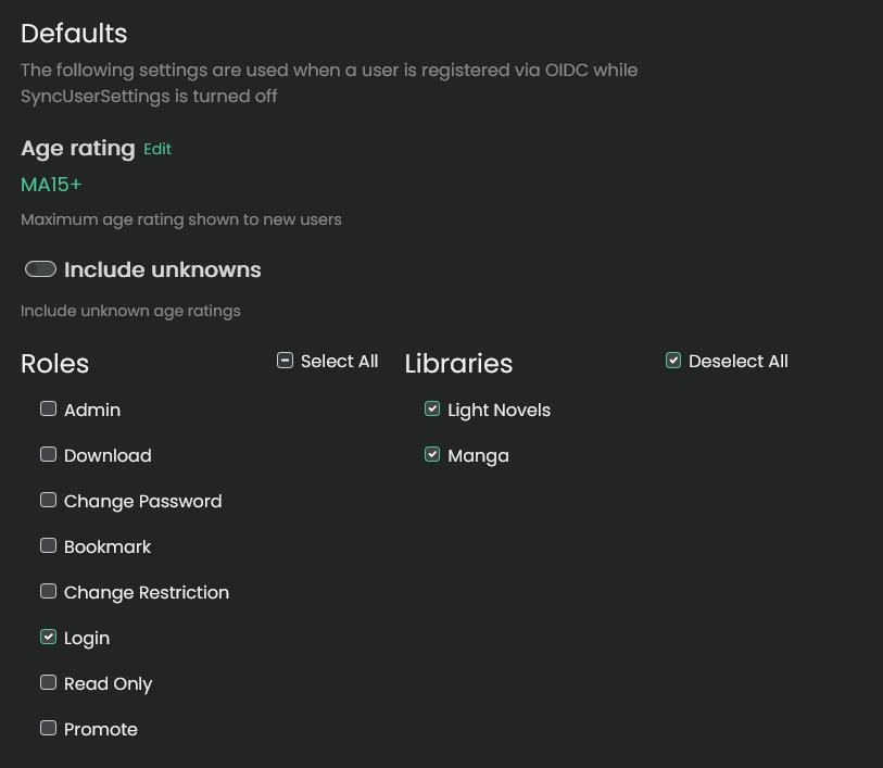 OIDC Default NoSync Settings